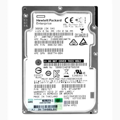 880152-001 HP 300GB 15000RPM SAS 12Gb/s SFF Hot-Pluggable 2.5-inch Hard Drive with Smart Carrier for Gen8 to Gen10 ProLiant Server