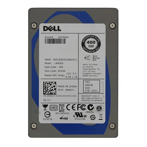 8NW1H Dell 400GB Single-Level Cell SAS 6Gb/s Hot-Pluggable 2.5-Inch Solid State Drive for PowerEdge Servers