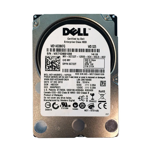 C722T Dell 146GB 10000RPM SAS 6Gb/s Hot-Pluggable Single Port (512n) 2.5-Inch Hard Drive with Tray for PowerEdge Server