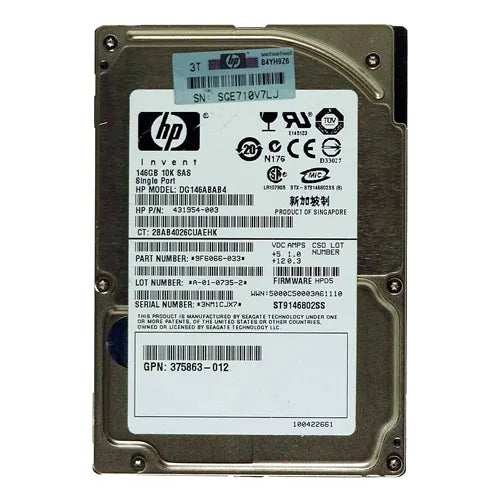 DG146ABAB4 HP 146GB 10000RPM SAS 3Gb/s SFF Hot-Pluggable Single Port 2.5-inch Hard Drive with Tray for Gen1 to Gen7 ProLiant Server