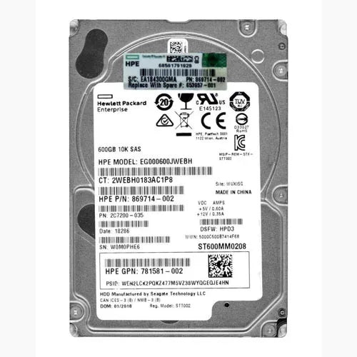 EG000600JWEBH HP 600GB 10000RPM SAS 12Gb/s Hot Pluggable 2.5-Inch Hard Drive for SAN Storage Array