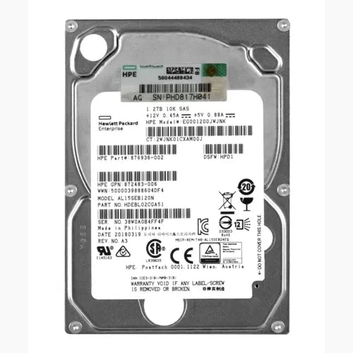 EG001200JWJNK HP 1.2TB 10000RPM SAS 12Gb/s Hot-Pluggable (512n) SFF 2.5-inch Enterprise Hard Drive with Smart Carrier for Gen8/10 ProLiant Server/Storage Array
