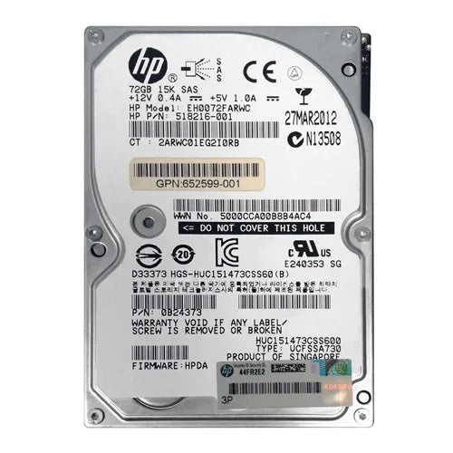 EH0072FARWC HP 72GB 15000RPM SAS 6Gb/s Hot-Pluggable Dual Port (512n) SFF 2.5-Inch Enterprise Hard Drive for ProLiant DL80 Gen9