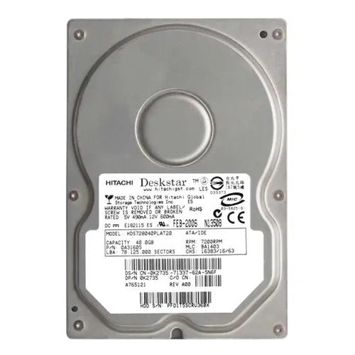 HDS728040PLAT20 Hitachi Deskstar 7K80 Series 40GB 7200RPM ATA-133 2MB Cache 40-Pin 3.5-inch Hard Drive