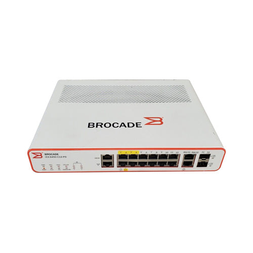 ICX6450-C12-PD Brocade ICX 6450 12 x Ports 1000Base-T RJ-45 + 2 x Ports RJ-45 uplink + 2 x Ports SFP Layer 3 Managed Gigabit Ethernet Switch