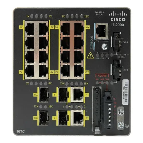 IE-2000-16TC-B Cisco Industrial Ethernet IE 2000 Series 16 x Ports RJ-45 10/100Base-TX + 2 x SFP Uplink Ports + 2 x Dual Purpose FE Uplink Ports Layer 2 Managed DIN Rail Mount Fast Ethernet Network Switch