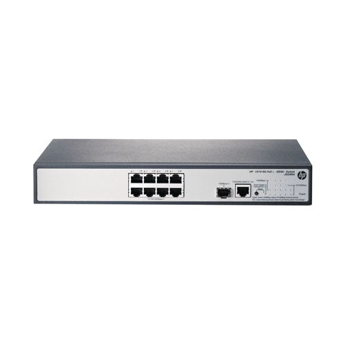 JG349AR#B8X HP ProCurve 1910 Series 1910-8G-PoE+ 8 x Ports PoE+ 10/100/1000Base-T + 1 x SFP (mini-GBIC) Port Layer 3 Managed 1U Rack-mountable Gigabit Ethernet Network Switch