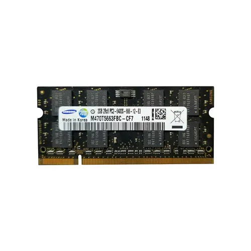 M470T5663FBC-CF7 - Samsung 2GB DDR2-800MHz PC2-6400 non-ECC Unbuffered CL6 200-Pin SoDimm Dual Rank Memory Module
