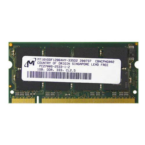 MT16VDDF12864HY-335D2 Micron 1GB DDR-333MHz PC2700 Non-ECC Unbuffered SODIMM CL2.5 2Rx8 2.5V 200-Pin Memory Module