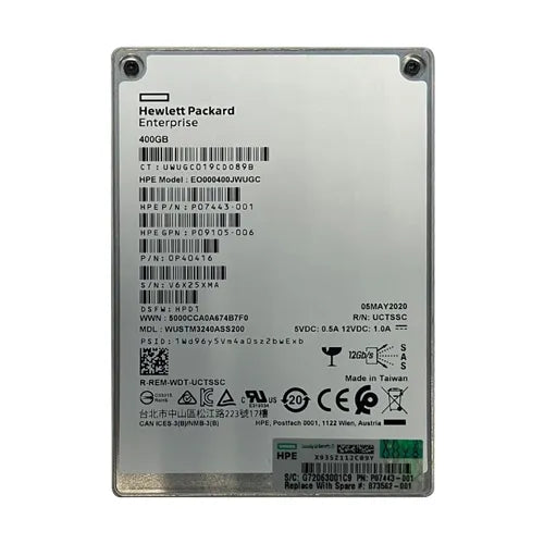 P07443-001 HP 400GB SAS 12Gb/s Hot Swappable Write Intensive 2.5-Inch Solid State Drive with Smart Carrier for ProLiant BL460c Gen10