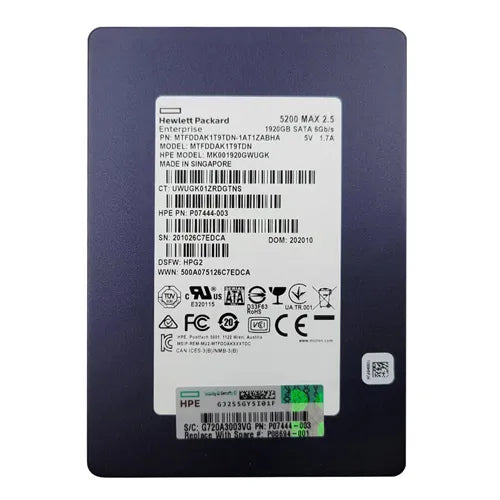 P07444-003 HP 1.92TB SATA 6Gb/s Hot-Pluggable Mixed Use 2.5-Inch Enterprise Solid State Drive for ProLiant Server and Storage Array