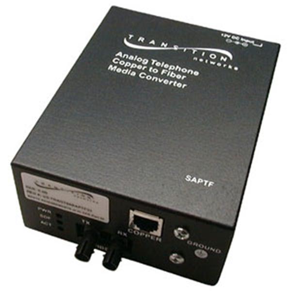 SAPTF3311-110 Transition Twisted Pair (RJ-11) 5 Kilometers/3.1 Miles to 1300 NM Multi-Mode (ST) 2 Kilometers/1.2 Miles for POTS 2-Wire Line Side FXS Point System Slide-In-Module Media Converter