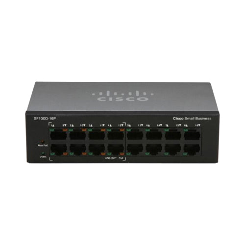 SF100D-16P-NA Cisco Small Businesses 100 Series SF100D-16P 16 x Ports PoE 10/100Base-T Layer 2 Unmanaged Fast Ethernet Network Switch