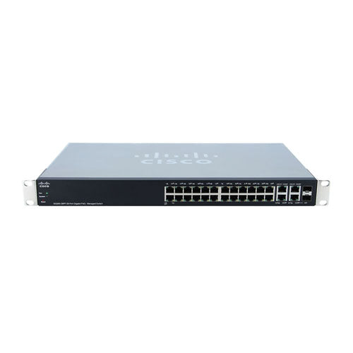 SG300-28PP-K9UK-RF Cisco Small Business 300 Series SG300-28PP 26 x Ports (24 x Ports PoE+) 10/100/1000Base-T + 2 x Ports Combo SFP (mini-GBIC) Rack-Mountable 1U Layer 3 Managed Gigabit Ethernet Network Switch
