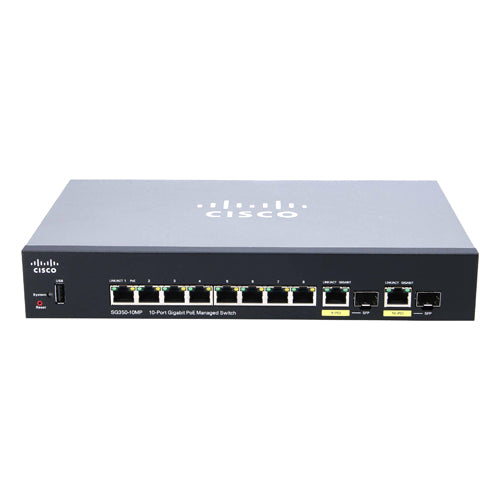 SG350-10MP Cisco Small Business 350 Series SG350-10MP 8 x Ports PoE+ 10/100/1000Base-T + 2 x Ports Copper Combo SFP + 2 x Ports SFP Layer 3 Managed Rack-mountable Gigabit Ethernet Network Switch