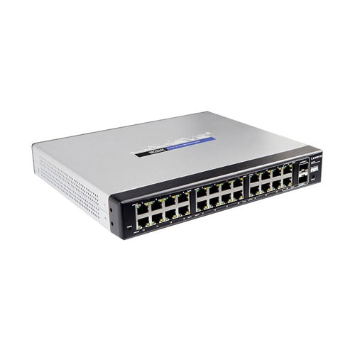 SR2024C-NA Cisco Compact Linksys 24 x Ports 10/100/1000Base-T + 2 x SFP mini-GBIC Ports Layer 2 Unmanaged 1U Rack-Mountable Gigabit Ethernet Network Switch