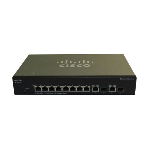 SRW208MP-K9-NA-RF Cisco Small Business 300 Series SF302-08MP 8 x Ports PoE 10/100Base-TX + 2 x Combo SFP mini-GBIC Ports Layer 3 Managed 1U Rack-Mountable Gigabit Ethernet Netwok Switch