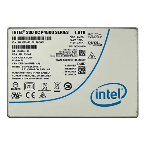 SSDPE2KE016T701 Intel DC P4600 1.6TB Triple-Level Cell PCI Express 3.1 x4 NVMe 2.5-Inch Solid State Drive