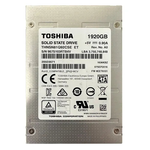 THNSN81Q92CSE Toshiba HK4R Series 1.92TB Multi-Level Cell SATA 6Gb/s Read Intensive 2.5-Inch Solid State Drive