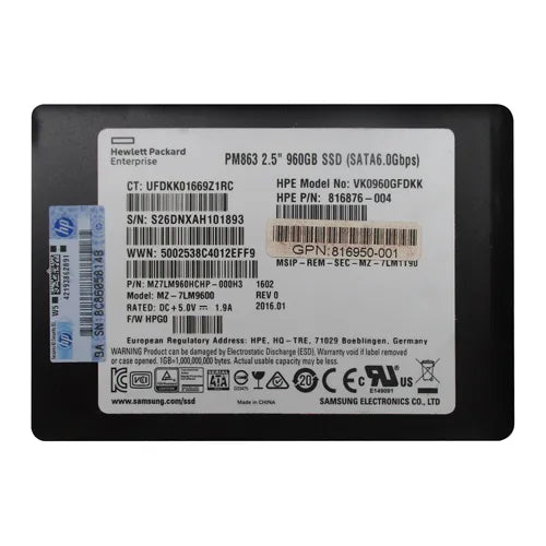 VK0960GFDKK HP 960GB Multi-Level Cell SATA 6Gb/s Read Intensive SFF 2.5-Inch Solid State Drive with Smart Carrier for ProLiant BL460c Gen10