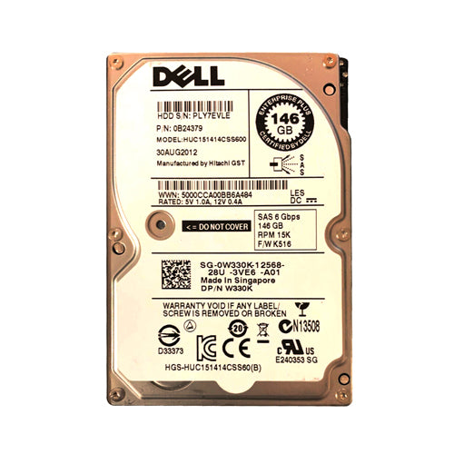 W330K Dell 146GB 15000RPM SAS 6Gb/s Hot-Pluggable Single Port (SED) 2.5-Inch Hard Drive with Tray for PowerEdge Server