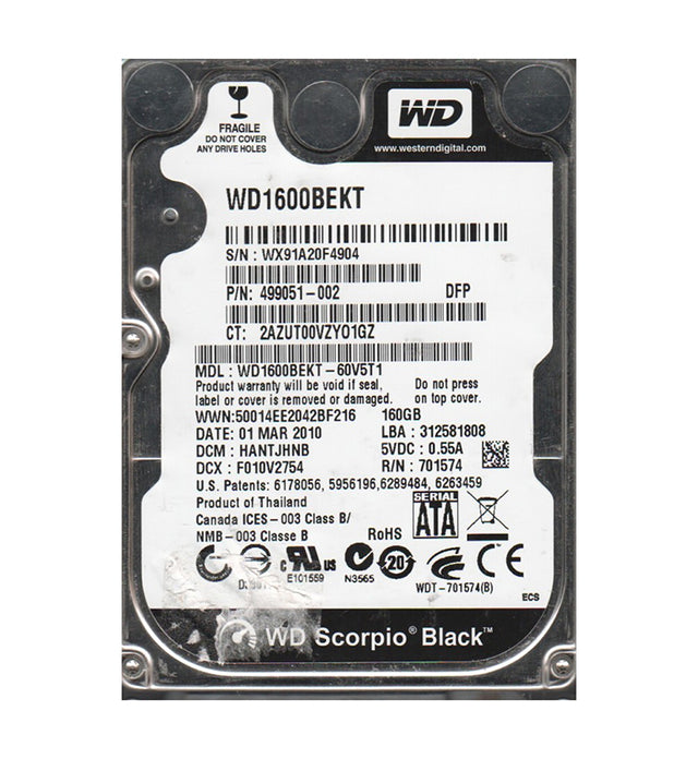 WD1600BEKT-60V5T1 - Western Digital Scorpio Black 160GB 7200RPM SATA 3Gb/s 16MB Cache 2.5-inch Hard Drive