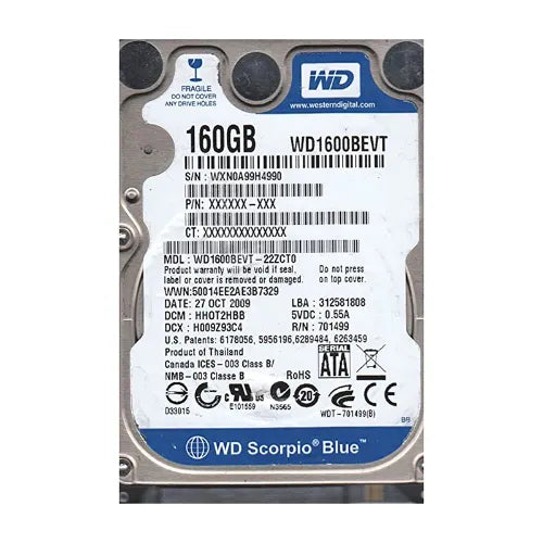WD1600BEVT-22ZCT0-1 - Western Digital Scorpio Blue 160GB 5400RPM SATA 3Gb/s 8MB Cache (RoHS) 2.5-Inch Hard Drive