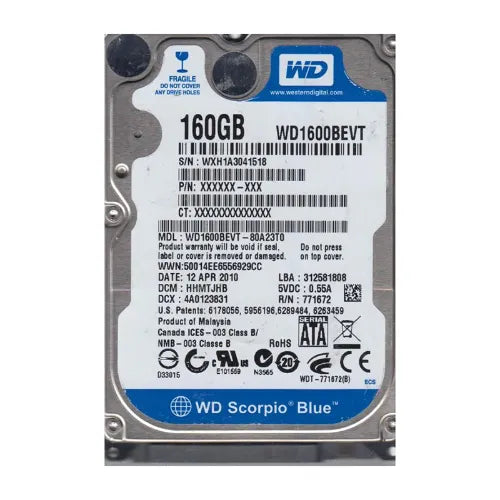 WD1600BEVT-80A23T0-1 - Western Digital Scorpio Blue 160GB 5400RPM SATA 3Gb/s 8MB Cache (RoHS) 2.5-Inch Hard Drive